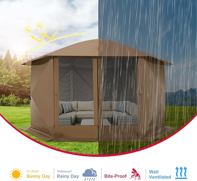 COBIZI 12x12 FT Pop Up Canopy Stargazing Tent, Gazebos On Clearance with Removable Roof, Screened in Gazebo, Screen Tents Portable carpas para Patio for Outdoor Camping,Backyard,Garden,Brown(Pro)