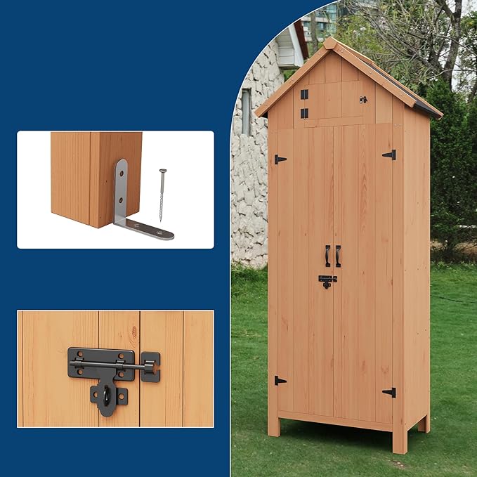 Outdoor Storage Shed, Small Waterproof Garden Tool Shed with 3 Shelves, Roof Storage & Lockable Doors, Compact Wood Storage Cabinet for Patios, Backyards, Balconies, Natural
