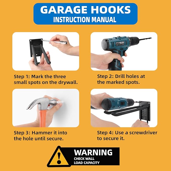 Tanzfrosch 12 Pack Garage Hooks Heavy Duty 10 INCH Two-Tier Steel Shed Wall Mount Workshop Garage Storage Organizer Hooks for Hanging Garden Tool, Hose, Ladder, Chairs, Bikes with Anti-Slip Coating