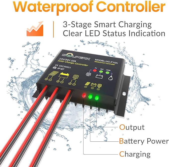 SOLPERK 10A Solar Charge Controller Waterproof Solar Panel Controller 12V/24V PWM Solar Panel Battery Intelligent Regulator for RV Boat car ，with LED Display