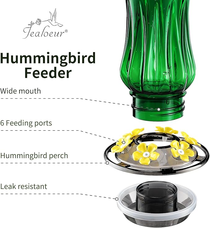 Jealoeur Hummingbird Feeder for Outdoors Hanging, 18 OZ Humming Birds Feeders with 6 Bee Guard Feeding Ports & Built-in Ant Moat, Easy to Clean, Durable Outdoor Garden Decor (Green 1 Pack)