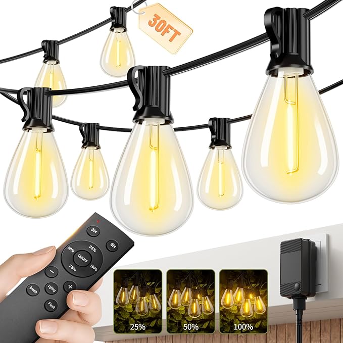 30FT LED Outdoor String Lights with Remote, One Continuous Strand Patio Lights with 10+1 Shatterproof S11 Bulbs, Dimmable 2700K Warm White, Timer & 3 Modes, Low Voltage for Backyard Garden
