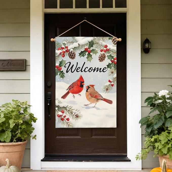 Welcome Winter House Flag 28x40 Inch Cardinal Bird Snow Scene Christmas Holiday Seasonal Decorative Garden Flags for Outside Double Sided Outdoor Home Farmhouse Decoration Porch Yard New Year Decor