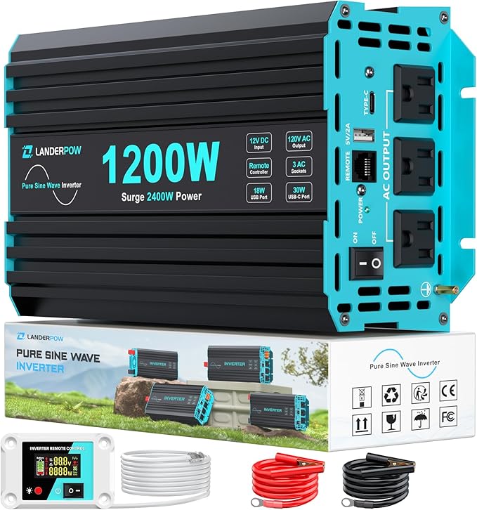 1200 Watt Pure Sine Wave Inverter, Power Inverter for Car, Camping, Solar, RV, Truck, Home, 12V DC to 120V AC Inverters with 3 AC Outlet, 30W USB-C, 5V 3.1A USB, Remote Control, Surge 2400W