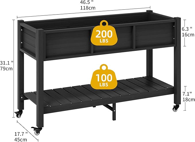 DWVO Raised Garden Bed HDPE with Wheels & Legs, 47x18x31in Weather-Resistant Poly-Wood Elevated Planter Box Outdoor, Double Tier Planters for Patio Balcony Backyard, Black