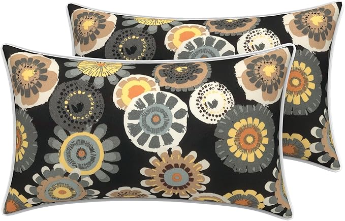 LVTXIII 2 Pack Outdoor Lumbar Pillow Covers 12x20 Inch with Piping, Water-Repellent Back Cushion Covers ONLY for Patio Furniture, Sofa, Garden Bench, Black Yellow Crosby