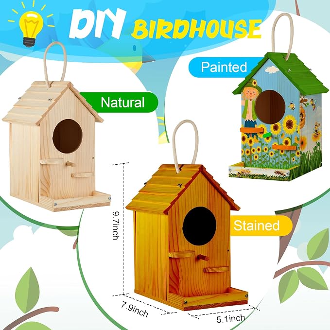 Liliful 4 Pack Wooden Birdhouse Kit for Kids and Adults, DIY Painting Set & Real Outdoor Birdhouse, Durable Craft for Garden, Classroom, Birthday Gifts Ages 3-5 4-8 8-12