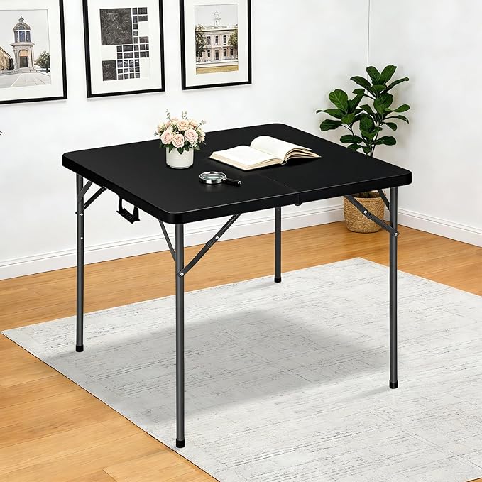 Lakhow 34" Square Folding Table, Plastic Commercial Folding Card Table with Collapsible Legs for Kitchen or Outdoor Party Wedding Event Indoor Outdoor Use, Black