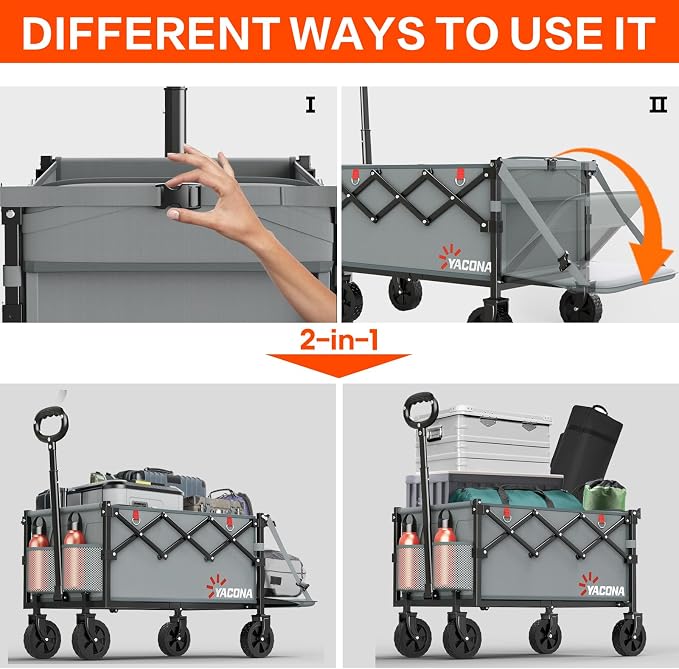 Yozoia 360LBS Heavy-Duty Foldable Wagon Cart with Wheels and Tailgate, 120L Collapsible Utility Wagon for Groceries, Outdoor Camping, Shopping, Beach, Garden