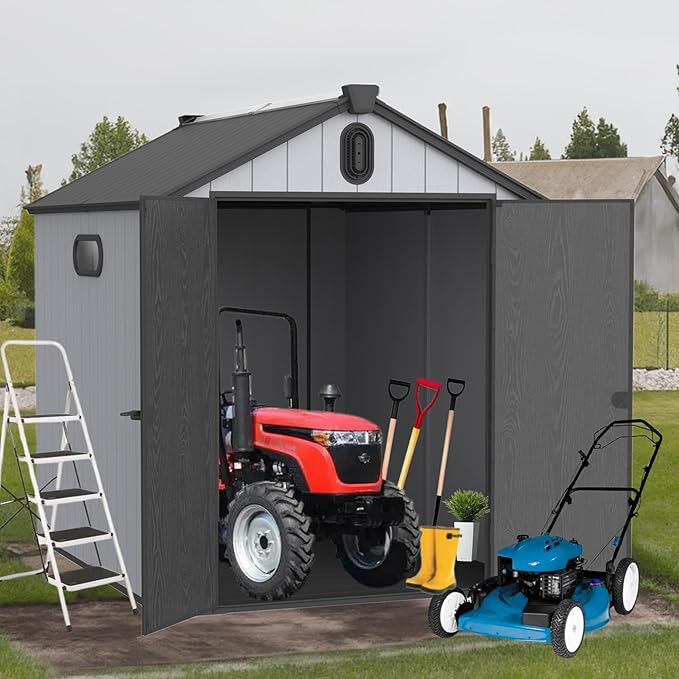 YOPTO 6x8 FT Outdoor Storage Shed with Hinge Door,Window & Air Vent,Outdoor Plastic Tool House W/Waterproof Tilted Roof,Heavy Duty Stroage Unit for Backyard,Patio,Lawn,Garden,Grey+Black