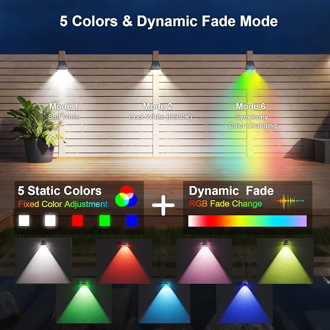 Solar Lights Outdoor Waterproof, Father's Day 4th of July Decor Gift, 6-Mode RGBW Color Changing, 90° Adjustable, Auto On/Off for Fence, Patio, Garden, Yard, Pathway, Porch (2-Pack)