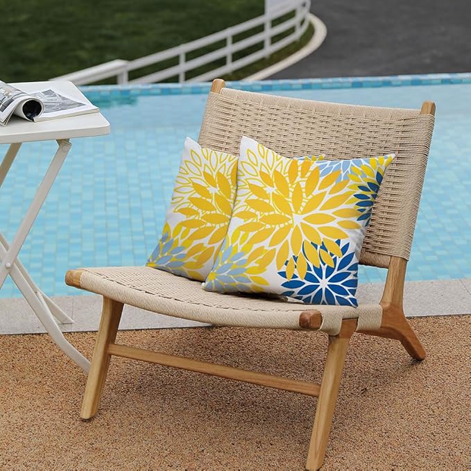 DFXSZ Yellow Blue Flower Pillow Covers 16x16 Inch Set of 2 White Gray Colored Throw Pillows Outdoor Waterproof Decor for Living Room Sofa Patio Funiture Garden Floral Polyester Pillow Covers 002J16
