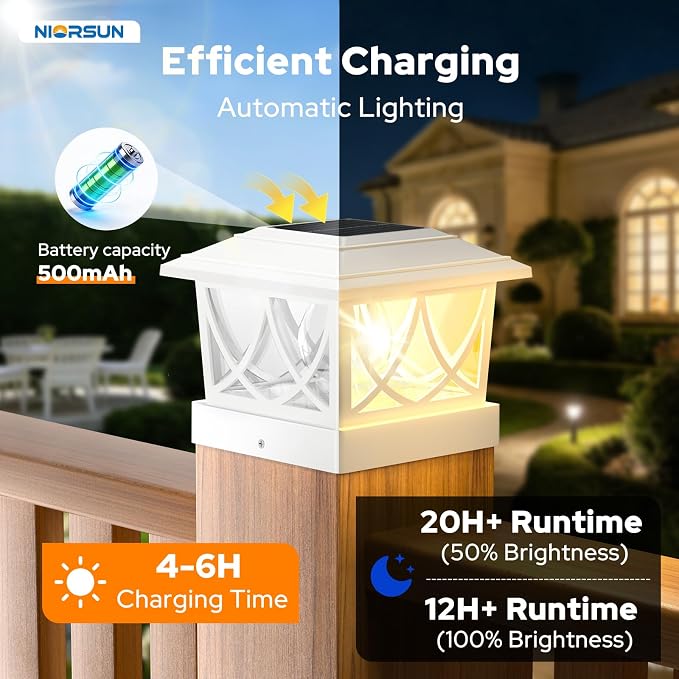 NIORSUN Solar Post Lights Outdoor, Fence Post Solar Lights with 3 Color Temps &2 Brightnesses, Edison LED Bulbs Fence Deck Decor, 4x4 Posts Caps, 4x4 &5x5 Vinyl, 4x4 &6x6 Wooden (6 Pack,White)