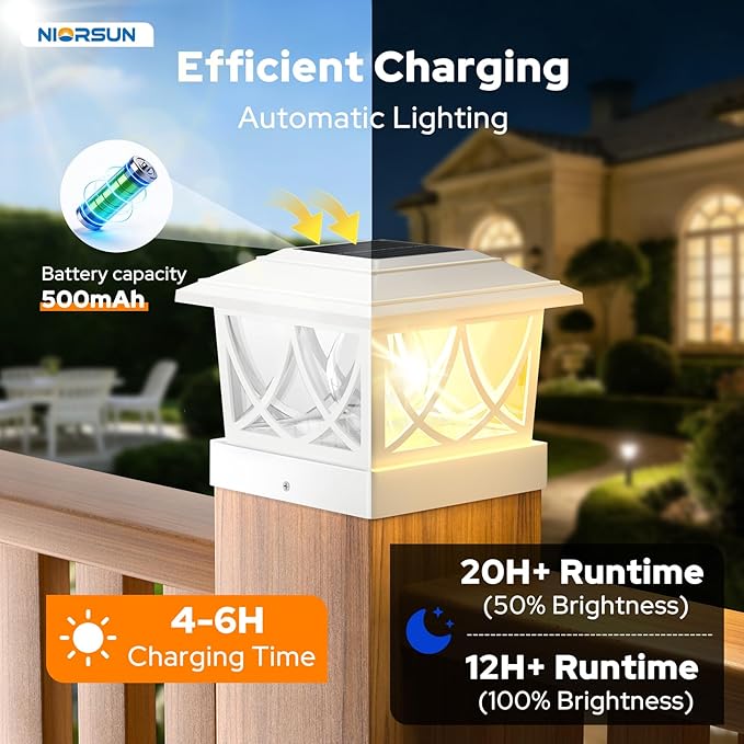 NIORSUN Solar Post Lights Outdoor, Fence Post Solar Lights with 3 Color Temps &2 Brightnesses, Edison LED Bulbs Fence Deck Decor, 4x4 Posts Caps, 4x4 &5x5 Vinyl, 4x4 &6x6 Wooden (4 Pack,White)