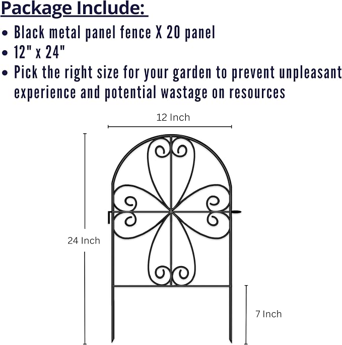 ShopLaLa Garden Fence Animal Barrier (20 Panels) 12in(L) x 24in(H) Rustproof Decorative Metal Wire Fencing Flower Bed Edging for Landscape, Small Dog Black Fences Patio Yard Outdoor Border Decor
