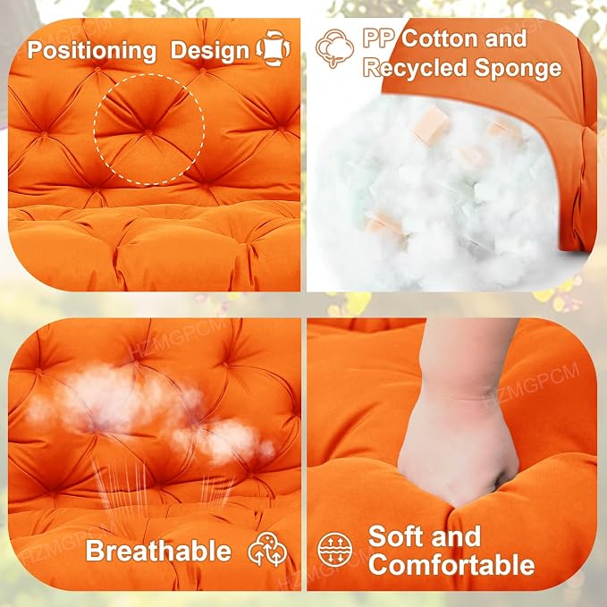Extra Thick 5" Waterproof Porch Swing Cushions Outdoor 48 inch Swing Cushions 2-3 Seater Replacement with Backrest and Ties for Outdoor Furniture Patio Bench Garden (Orange)