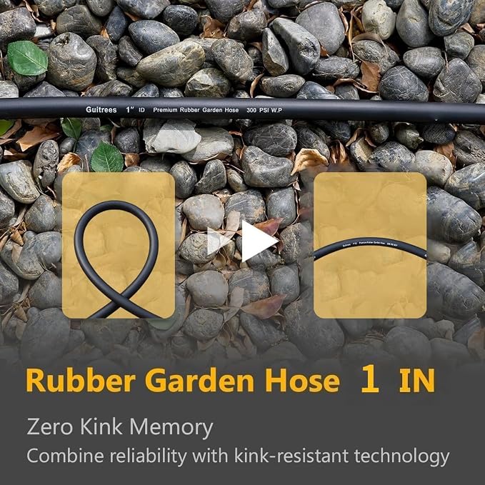 Guitrees 25FT ×1 inch Heavy Duty Rubber Garden Hose - 200psi Working, 1000psi Burst - Hot/Cold Water - Five-Layered Braiding for Durability - Versatile for Gardening, Agriculture, Construction(Black)
