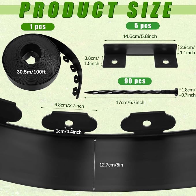 5'' x 100' Landscape Edging Kit Plastic Garden Edging Border Coil Include 90 Anchoring Spikes for Lawn Garden Grass Yard Home School, Black