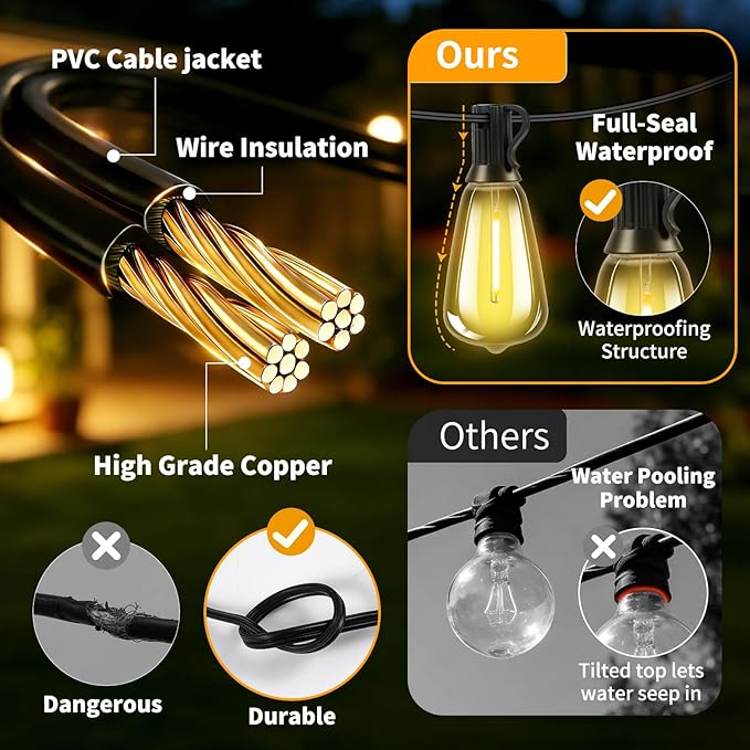 Solar Lights Outdoor Waterproof: ST38 100FT 30M Shatterproof Bulbs Patio Lights - Solar Powered & USB Charging- Remote Control 3 Light Modes Dimmable Solar Light - Camping Backyard Garden