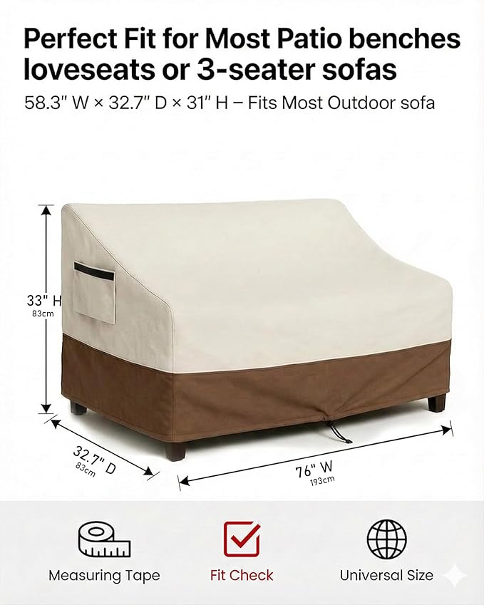 Outdoor Sofa Cover, Waterproof Patio Furniture Cover 76W x 32.7D x 33H inches Heavy Duty 600D Oxford Fabric Beige and Brown