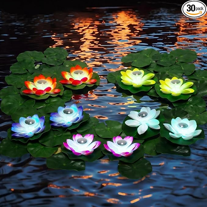 VIHOSE 30 Pcs Solar Floating Pond Lights Waterproof Solar Lotus Floating LED with Lily Pads Swimming Pool Pond Flower Night Lights for Patio Garden Pool Outdoor Party Decorations