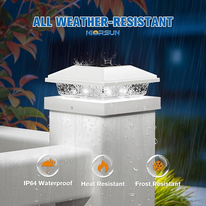 NIORSUN Solar Post Lights Outdoor, Fence Post Solar Lights Cool White, Waterproof, Garden Patio Fence Deck Decor, 4x4 Posts Cap Wood Vinyl, 5x5 Vinyl, White 12 Pack