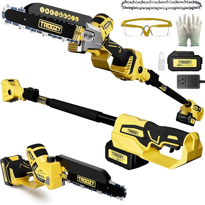 Cordless Pole Saw, 8-INCH 2-IN-1 Chainsaw with 21V 4.0Ah Battery Powered, Electric Tree Trimmer with 9FT Telescopic Pole, 180°Angle for Tree Branches Pruning & Wood Cutting, Battery Included