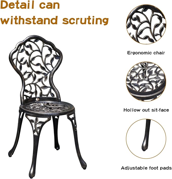 JARDIN DE CENTENNIAL Patio Bistro Set.Rust-Resistant Cast Aluminum Bistro Table Set with Umbrella Hole for Backyard (Leaf DESIGNCOPPER)