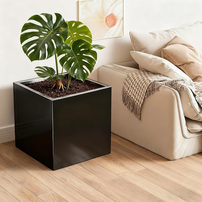 Nessxa Tall Metal Planter Box for Outdoor Plants 26" L x 26" W x 26", Heavy Duty Steel Large Square Planter Box with Removable Insert Shelf, Modern Décor for Tall Plants, Trees, Flowers (Black)