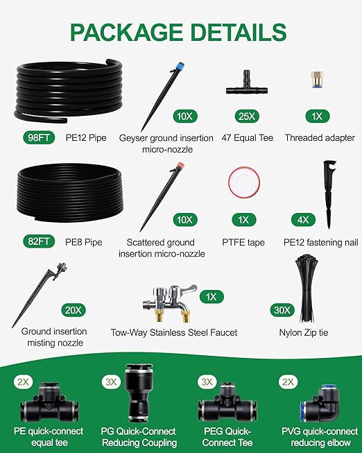 Drip Irrigation System for Garden, Automatic Garden Watering System with 180FT 1/2” & 1/3” Tubing, Dual Faucet, Adjustable Nozzle Emitters for Garden, Greenhouse, Lawn, Potted Plants