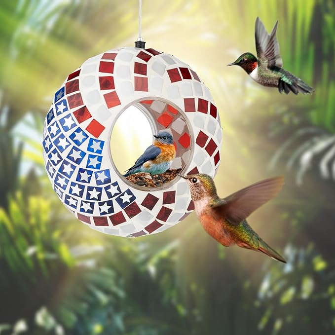 Backyard Expressions Hanging Glass Bird Feeder - Patriotic - Fly Through Bird Feeders for Outside, Mosaic Bird Feeder, Round Shape Wild Birdfeeder
