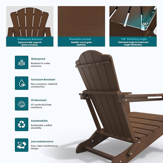 THOEOE Folding Adirondack Chair Set of 8, HDPE All-Weather Outdoor Chair with Cup Holder, Wooden Textured, Fire Pit Chair, Plastic Patio Chair for Deck, Backyard, Garden, Lawn, Brown