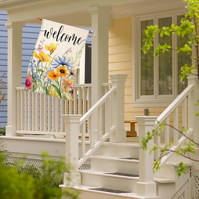 Welcome Flowers House Flags for Outdoor Decoration, Spring Watercolor Floral Large Yard Flag, Decorative Summer Celebration Decor for Seasonal Farmhouse Holiday Outside 28x40 Inch Vertical