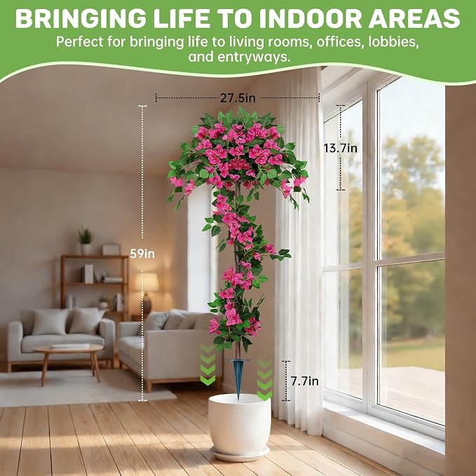 2Pack 5FT Artificial Bougainvillea Topiary Trees for Outdoor, Fake Silk Flowers Plants Bushes with Ground Spike, Faux UV Resistant Shurbs Trees for Outside,Front Porch,Patio,Balcony Decor