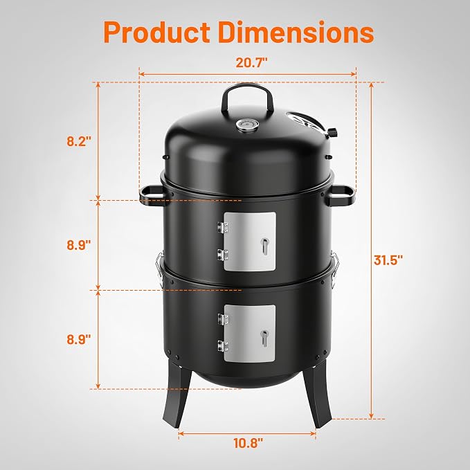 KEYO GRILL 18 Inch Vertical Charcoal Smoker, 3-in-1 Heavy Duty Outdoor BBQ Grill with Thermometer, Portable Camping Barbecue Grill for Garden Patio Beach Backyard