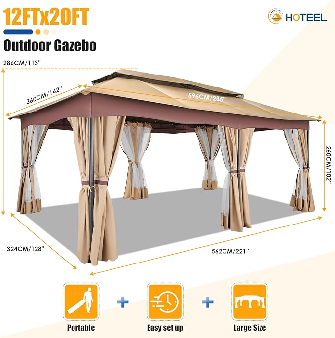 HOTEEL Gazebo 12x20, Outdoor Gazebo on Clearance with Double Ventilated Arc Roof, Privacy Curtains & Mosquito Netting, Easy Set up Canopy Tent with Stable Metal Frame for Patio Gazebo, Khaki
