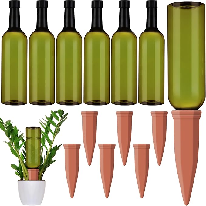 Teenyyou 12 Pcs Watering Spikes for Indoor Plants Include 6 Terracotta Self Watering Spikes Devices and 6 Pcs 26 oz Plastic Bottles Slow Release Vacation Insert Automatic(Green)