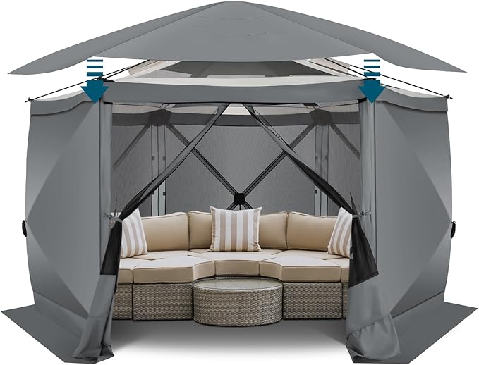 COBIZI 12x12 FT Pop Up Canopy Stargazing Tent, Gazebos On Clearance with Removable Roof, Screened in Gazebo, Screen Tents Portable carpas para Patio for Outdoor Camping,Backyard, Garden,Grey(Pro)