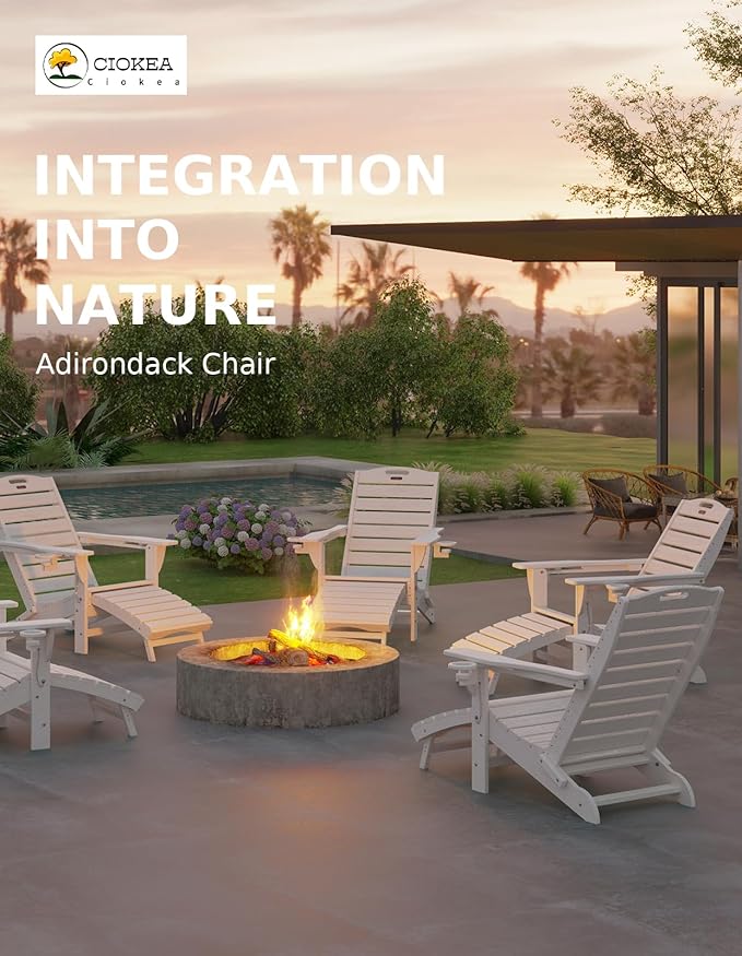 Ciokea Folding Adirondack Chair Set of 6 with Retractable Ottoman Fire Pit Patio Chair with Pull Out Foot Rest Weather Resistant Lawn Outdoor Chair with 2 Cup Holder (White)