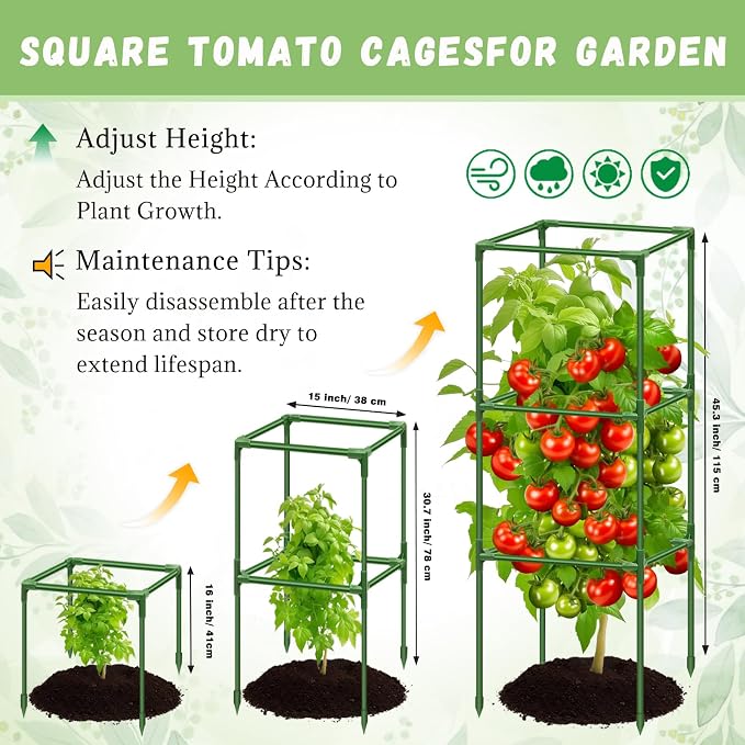 Riare 4 Pack Square Tomato Cages for Garden- 45 Inch Heavy Duty Tomato Stakes Plant Support, Metal Tomato Trellis for Climbing Plants Outdoor, Raised Garden Bed, Vegetables Flowers