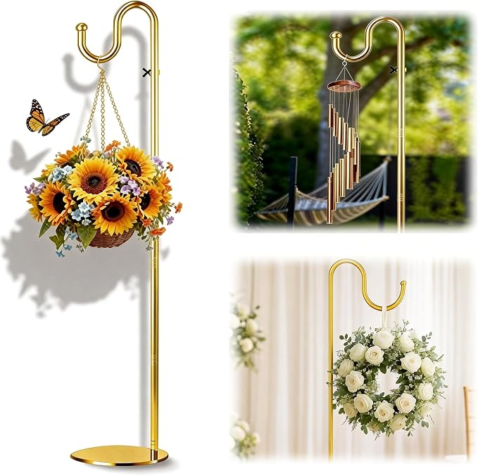 76" Outdoor Plant Stand & Wind Chime Hanger with Heavy Duty Base, Shepherds Hook for Bird Feeder, Adjustable Height for Patio, Garden & Indoor Use