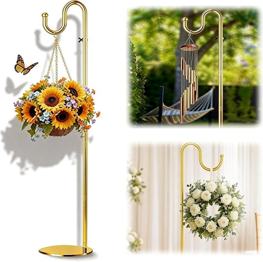 76" Outdoor Plant Stand & Wind Chime Hanger with Heavy Duty Base, Shepherds Hook for Bird Feeder, Adjustable Height for Patio, Garden & Indoor Use