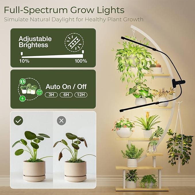 GREENSTELL Plant Stand with Grow Lights, Half Moon 7 Tiered Metal Plant Shelf , Multiple Tier Curved Ladder Flower Pot Stand Display Rack for Indoor Living Room Patio Garden Balcony White (1 Pack)