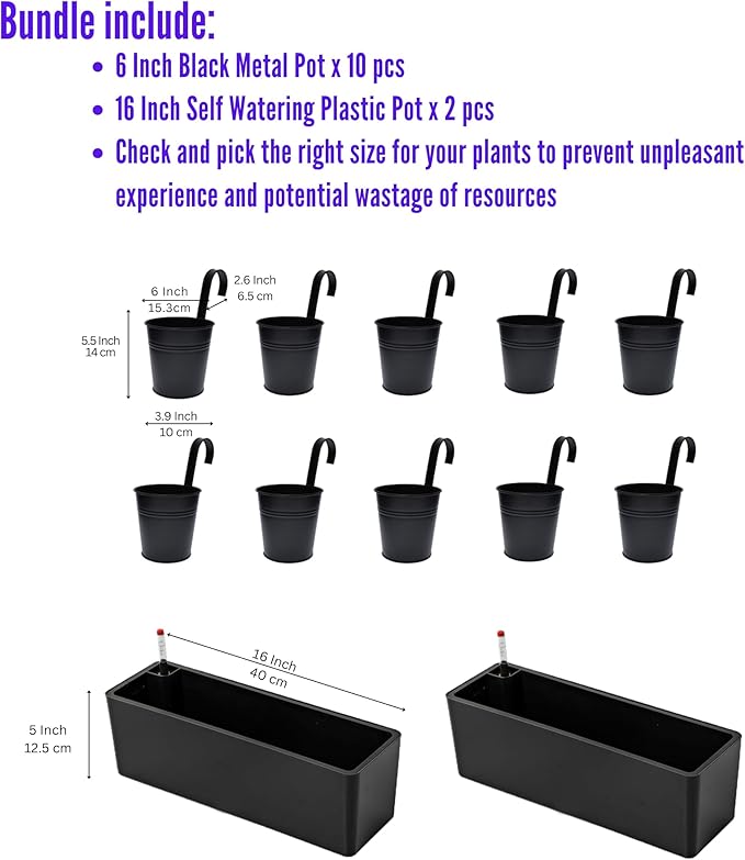 LaLaGreen Bundle- 2 Pack, 16 Inch Self Watering Planter + 10 Pack, 6 Inch Black Metal Pot Hanging Balcony Rail Deck Iron Bucket Large Window Boxes with Drainage Decorative Home Windowsill Garden Decor