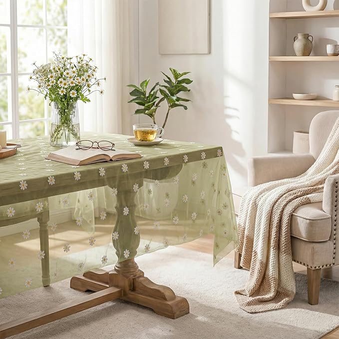 Horaldaily Sage Green Embroidery Daisy Spring Summer Gauze Tablecloth 60×104 Inch Rectangular, Seasonal Tulle Table Cover, Garden Party Decorations for Wedding, Party, Holiday Dining