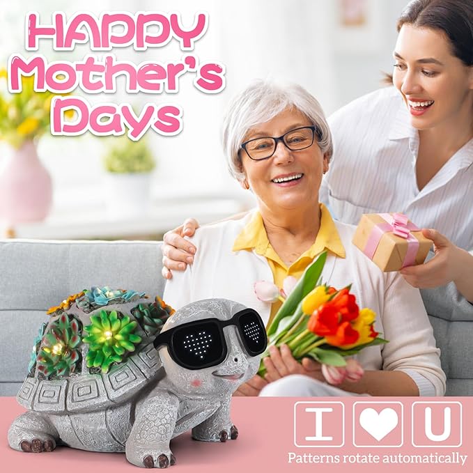 Unique Solar Garden Turtle Statue with I Love You LED Sunglasses and Succulent LED Lights, Lawn Decor Tortoise Figurine for Patio, Balcony Yard Ornament for Mom, Women & Grandma