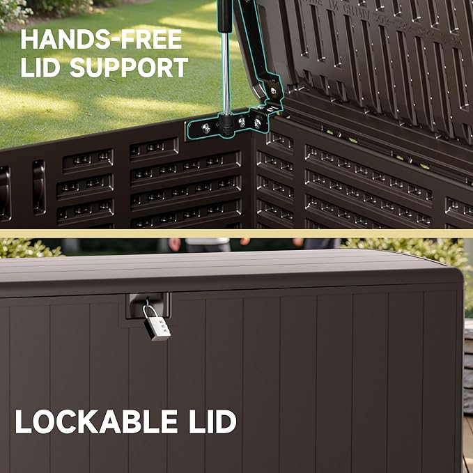 Deck Box, Waterproof Resin Outdoor Storage Box with Double-Layer Lockable Lid, UV-Resistant Storage for Patio, Pool, Garden & Backyard, 200 Gallon, Brown