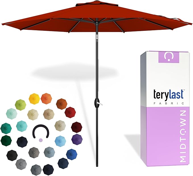 Midtown Umbrellas - 10-Year-No-Fade 6 Ft Patio Umbrella with Terylast Fabric, Auto-Tilt Aluminum Frame and 8 Reinforced Ribs for Deck, Pool, Garden & Beach - Apple Red Canopy, Black Pole