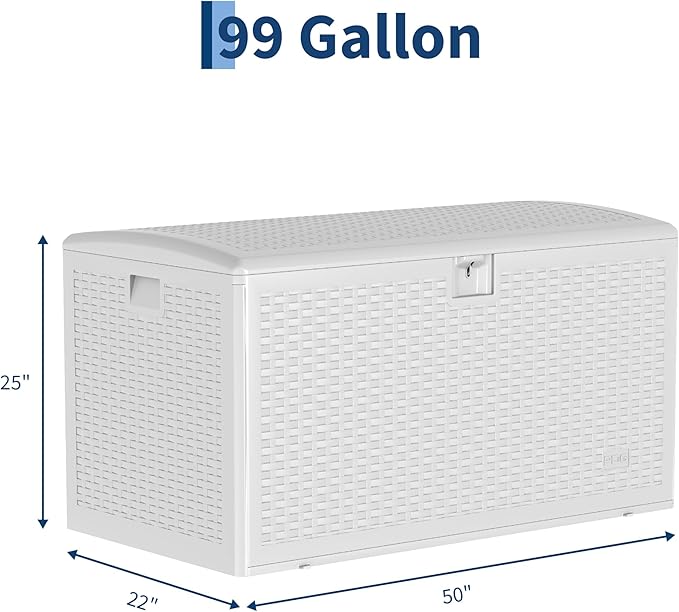 99 Gallon Waterproof Large Resin Deck Box Indoor Outdoor, Lockable Storage Container for Patio Furniture Cushions, Throw Pillows, Garden Tools, and Pool Floats White 50" L x 26" W x 25" H