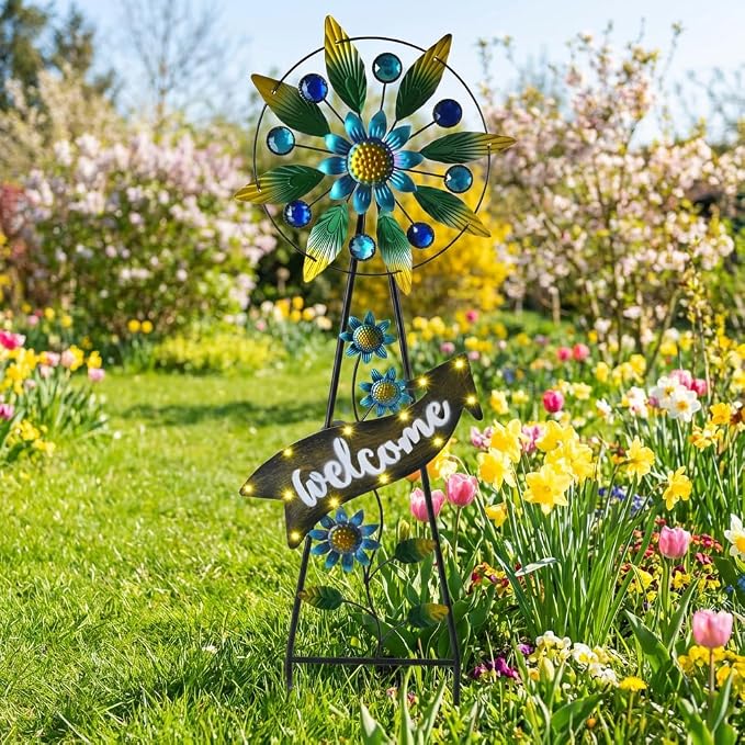 TERESA'S COLLECTIONS Wind Spinners Outdoor Solar Decor, Hummingbird Metal Windmill for Yard Decorative Garden Stakes for Porch,Garden,Yard,26''